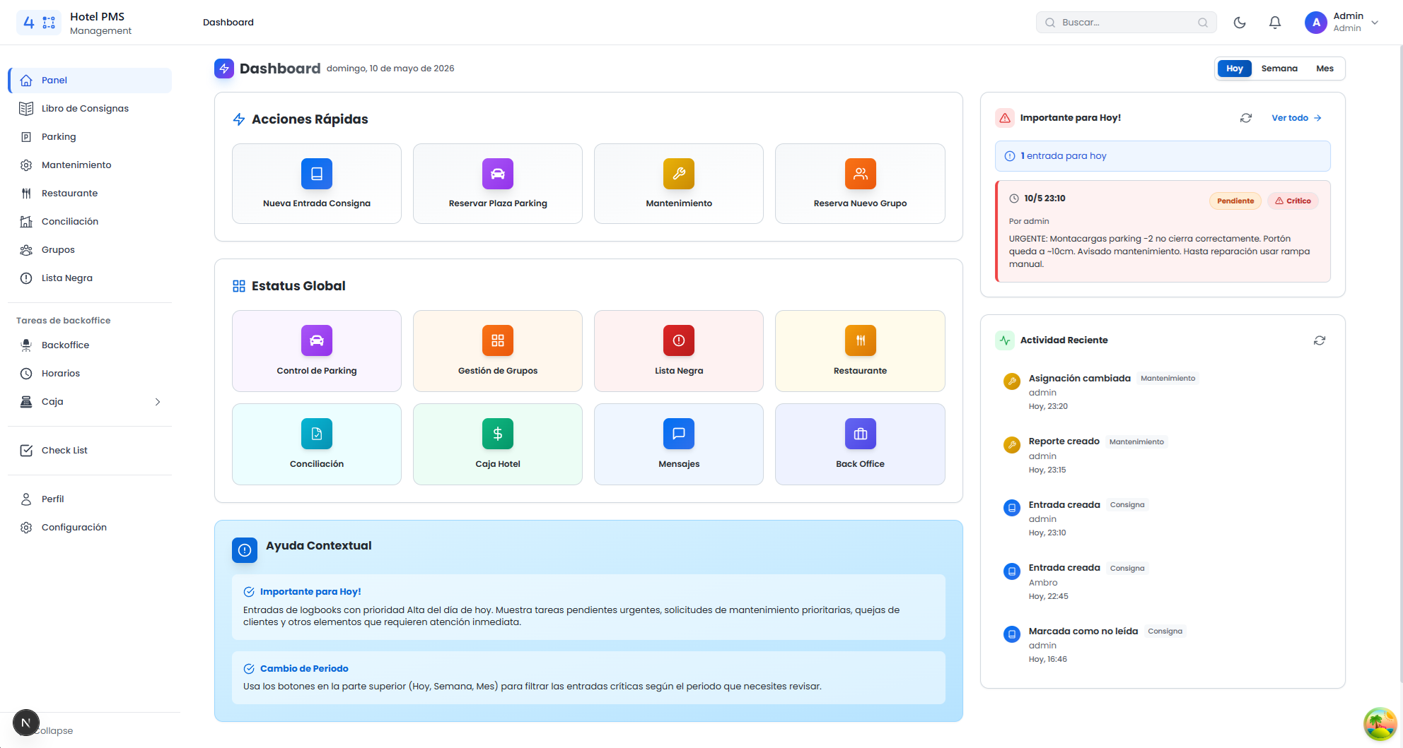 HotelCode — Dashboard real